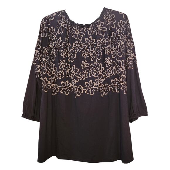 J. Jill Embroidered Floral Peasant Shirt Blouse Black & Tan Scoop Neck sz 2X - Picture 2 of 9